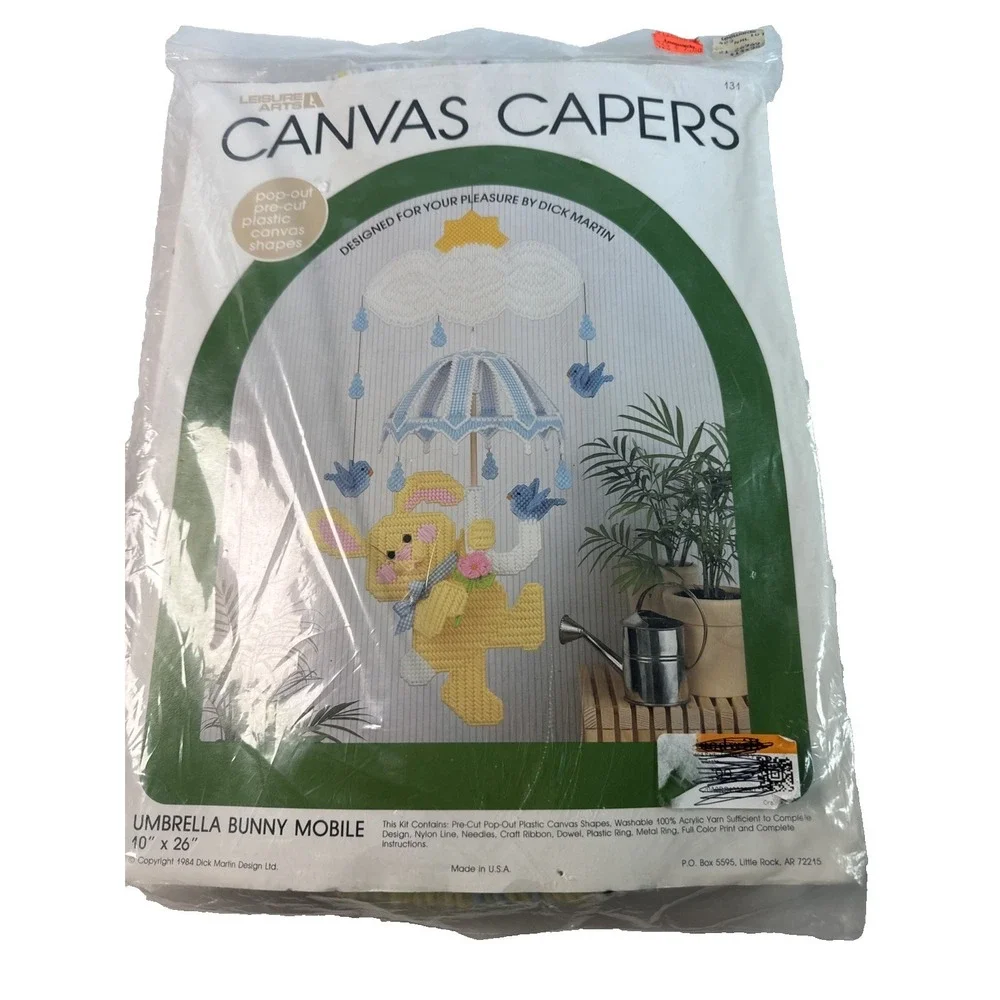 Leisure Arts Canvas Capers Umbrella Bunny Mobile Kit 131 Dick Martin 1984 Vtg